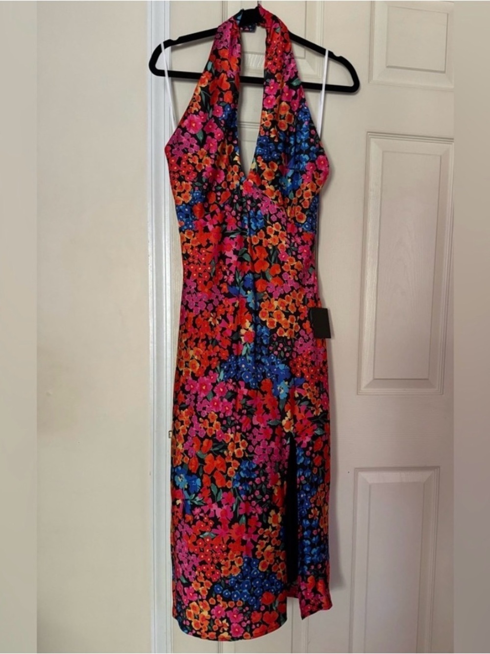 Lulu's 100% Silk halter neck Floral Midi Dress in Pink, Orange & Blue